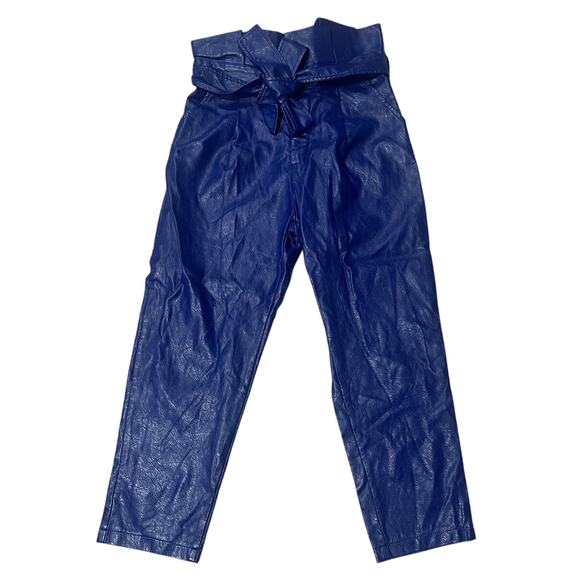 NWOT Venti6 Pants Womens Blue Faux Leather Tie Waist Paperbag Vegan Ankle Sz L - Picture 1 of 8